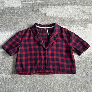 Free People Shirt Womens Small Cropped Red Navy Plaid Button Front Cotton